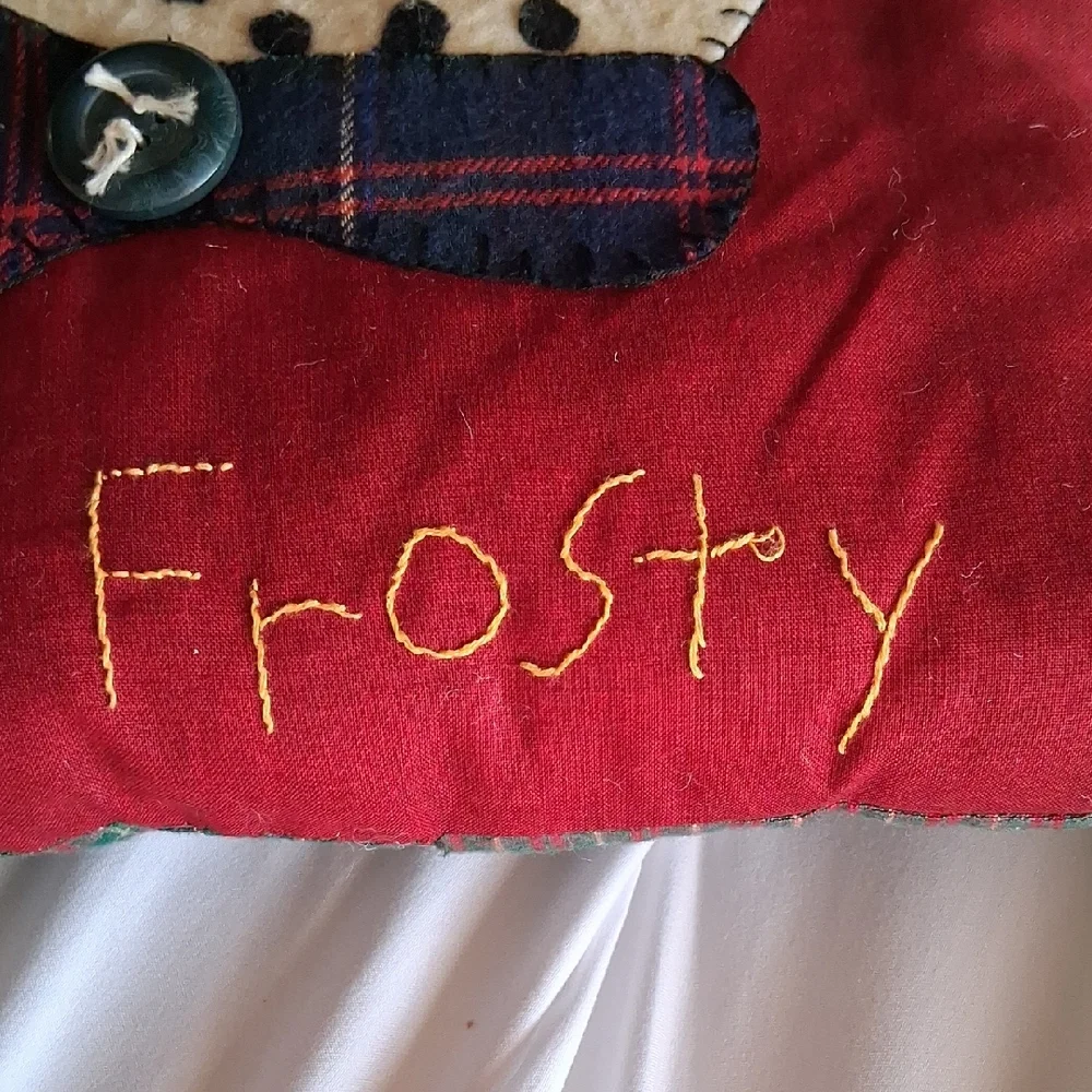 Festive Snowman Holiday Pillow - Red and Black Handstiched Vintage
